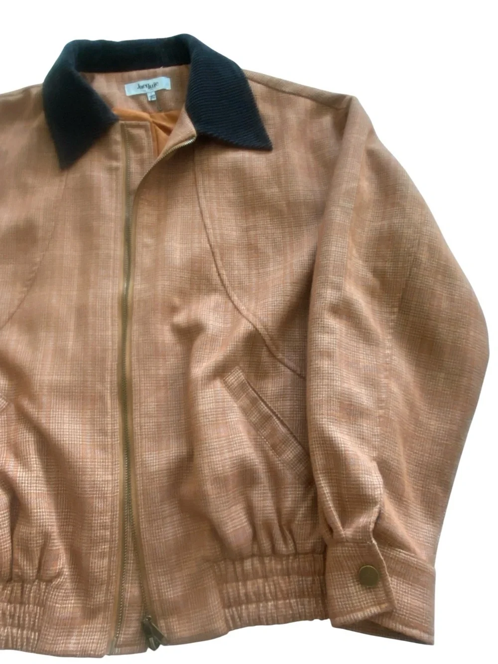 Jacqui E Tan Bomber Jacket with Black Collar